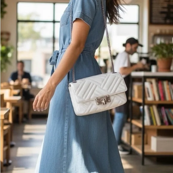 Elegant Michael Kors White Quilted Shoulder Bag - Picture 2 of 16